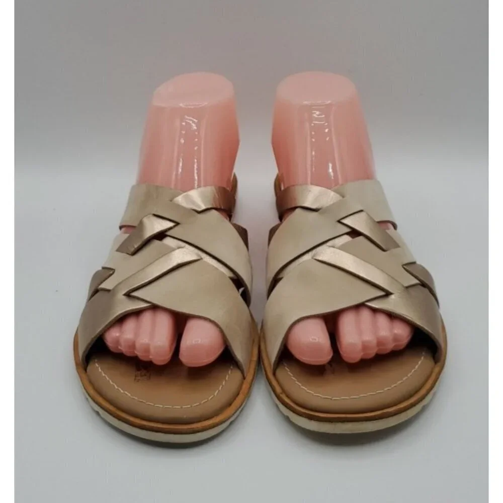 Sorel Ella Women Slide Natural Tan Gold Leather Sz 9 Strappy Criss Cross Straps